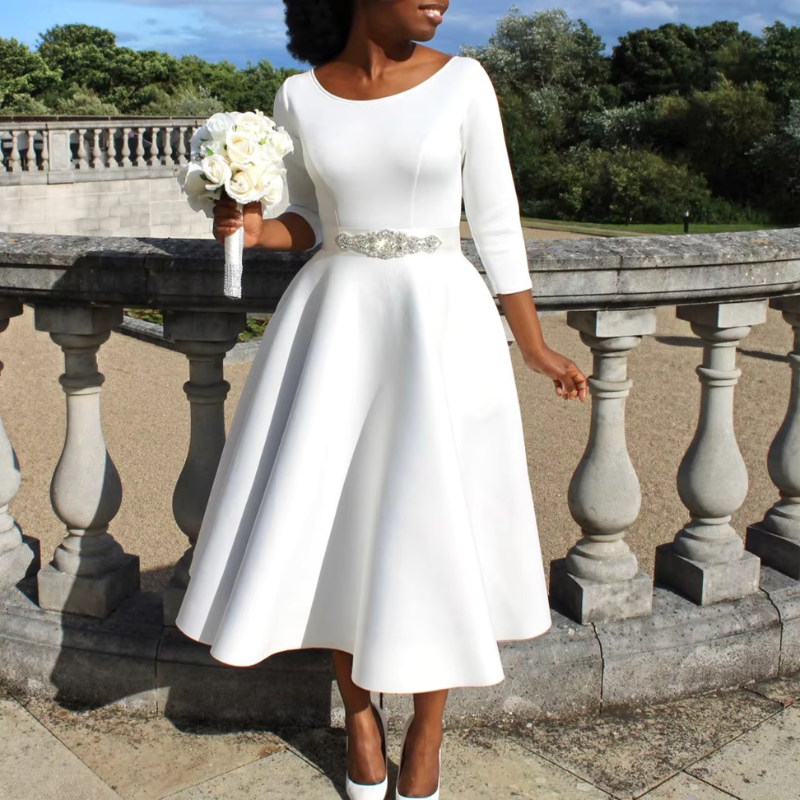 Damen Midi-Kleid Rundhalsausschnitt Schlicht Elegannt
