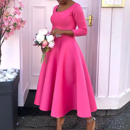 Damen Midi-Kleid Rundhalsausschnitt Schlicht Elegannt