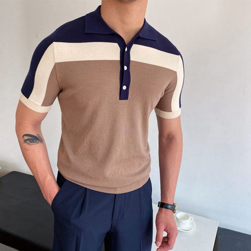 Herren Polo-Shirt Color-Block Baumwolle Blau Weiß