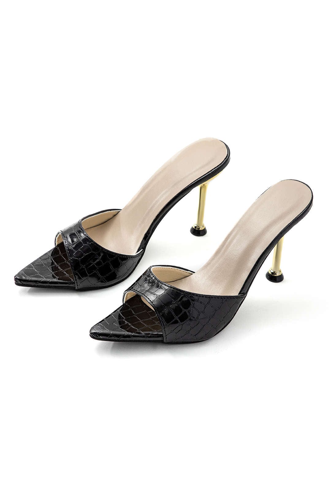 Damen Mule Heels Schwarz Croc-Optik - Norvielle