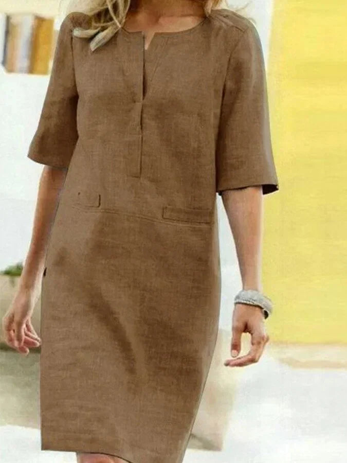 Damen Kurzarm Kleid Baumwolle Leinen Beige
