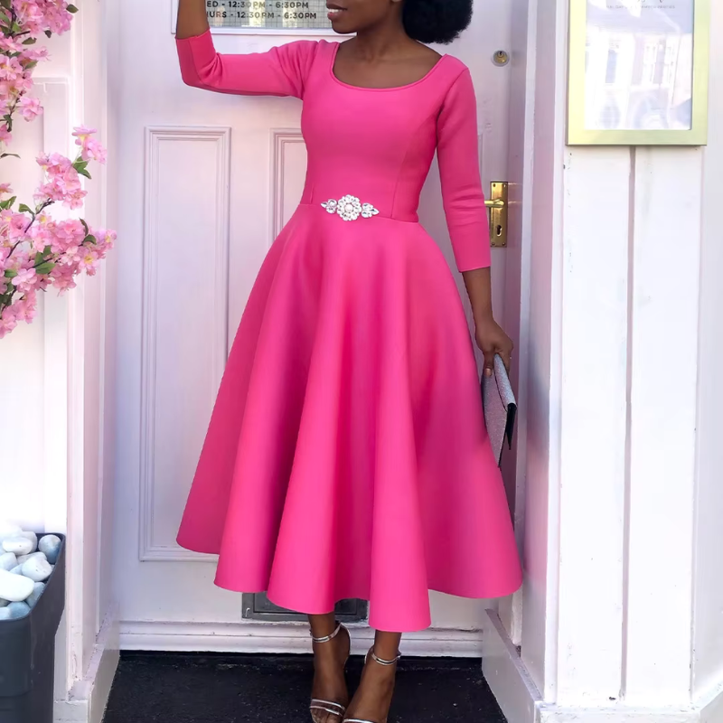 Damen Midi-Kleid Rundhalsausschnitt Schlicht Elegannt