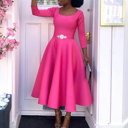 Damen Midi-Kleid Rundhalsausschnitt Schlicht Elegannt