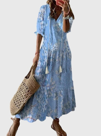 Damen Boho Maxikleid V-Ausschnitt