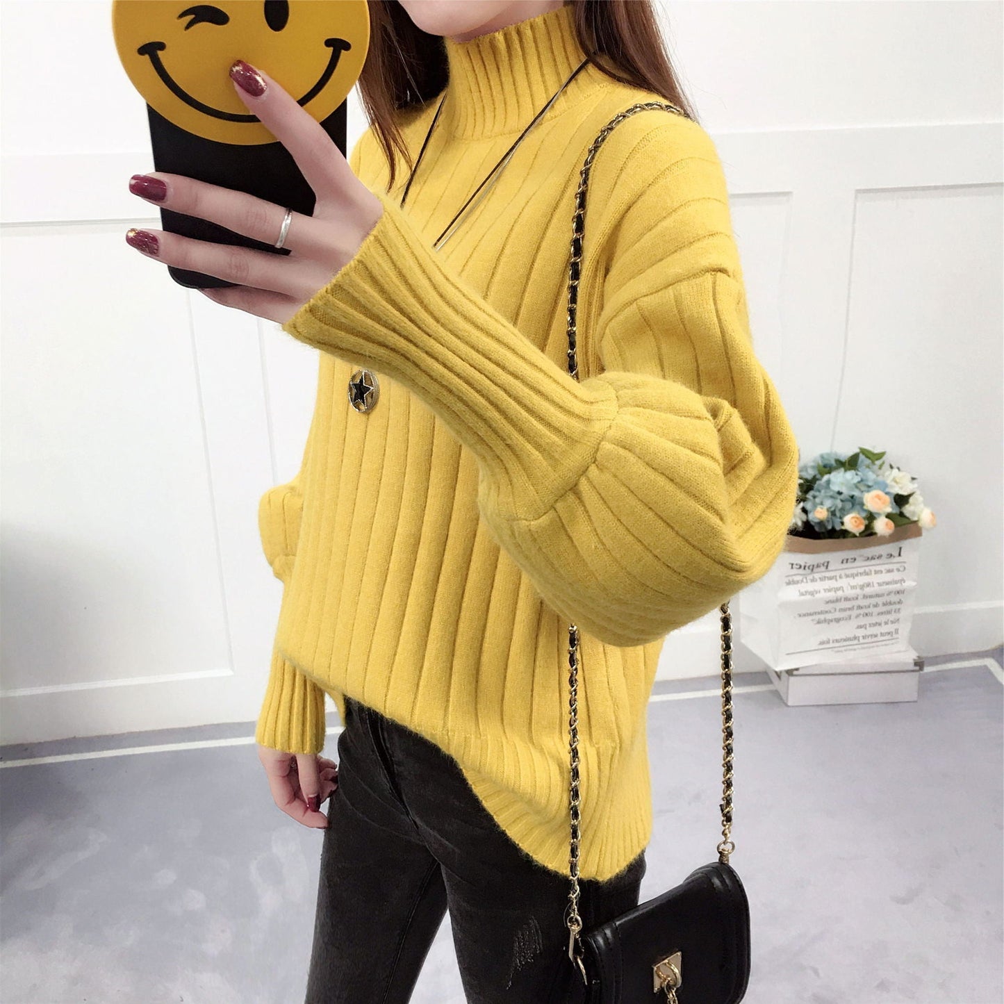 Damen Strickpullover Hoher Kragen Lässig Wärmer Beige