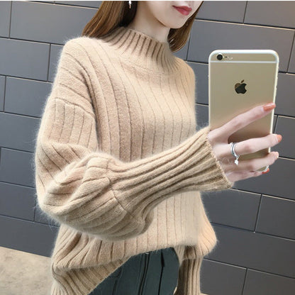 Damen Strickpullover Hoher Kragen Lässig Wärmer Beige