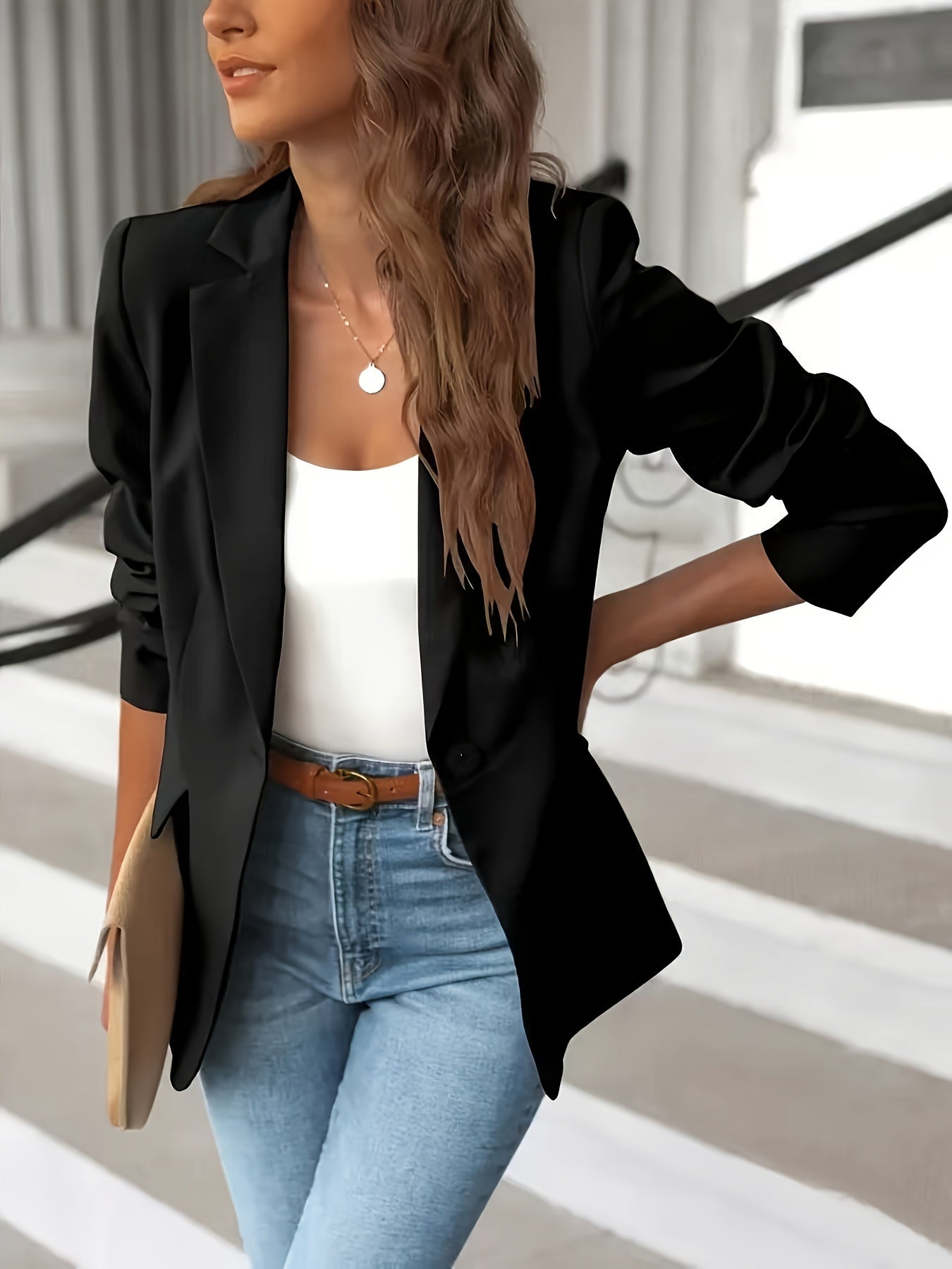 Damen Blazer Lässig Einknopf Beige
