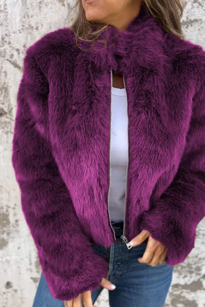 Damen Kunstpelz-Jacke Rollkragen Reißverschluss