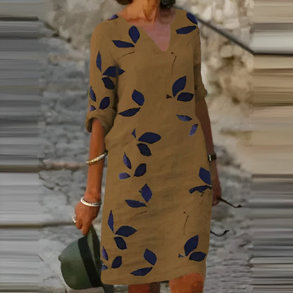 Damen Sommerkleid V-Ausschnitt Leicht Baumwolle Natur