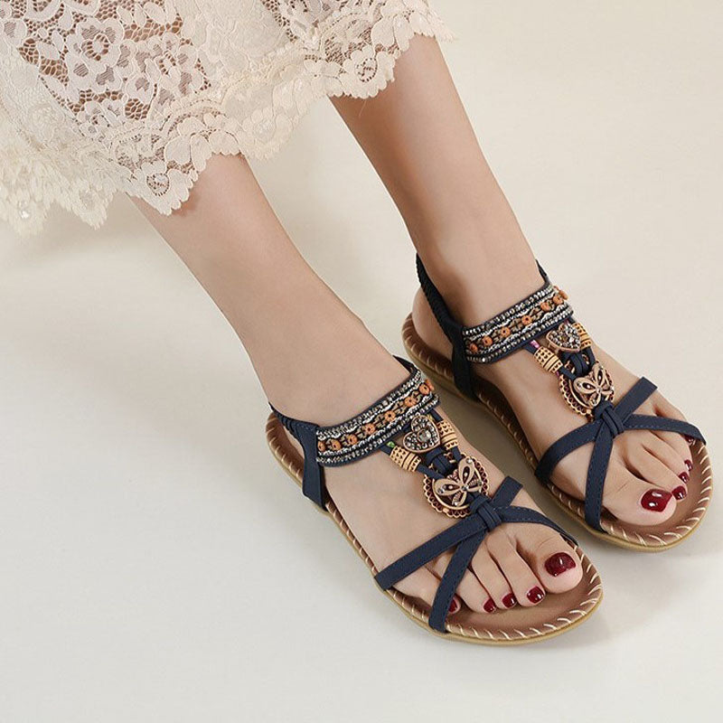 Damen Sandalen Boho Stil Elastikriemen Beige