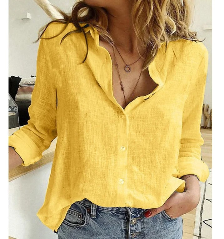 Damen Bluse V-Ausschnitt Knopfleiste Leicht Blau