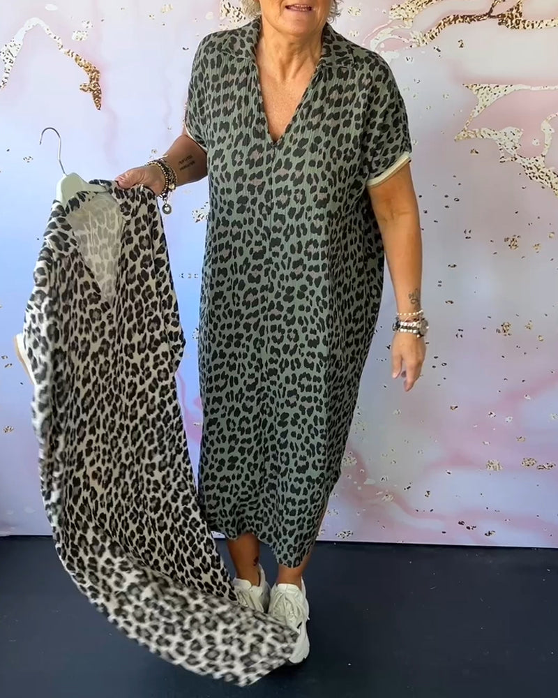 Eveloria Damenkleid V-Ausschnitt Leopardenmuster