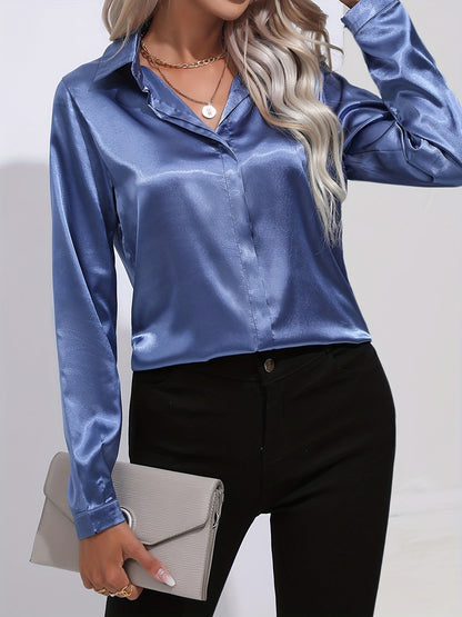 Damen Satin-Bluse Reverskragen Knopfleiste Eleganz