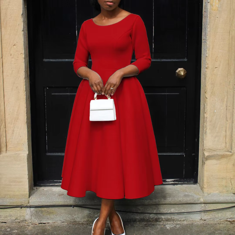 Damen Midi-Kleid Rundhalsausschnitt Schlicht Elegannt - Eveloria