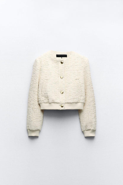 Kurze Damen Bouclé-Jacke Goldknöpfe Beige - Norvielle