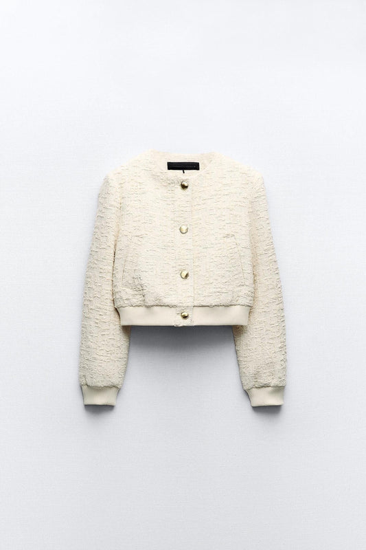 Kurze Damen Bouclé-Jacke Goldknöpfe Beige - Norvielle