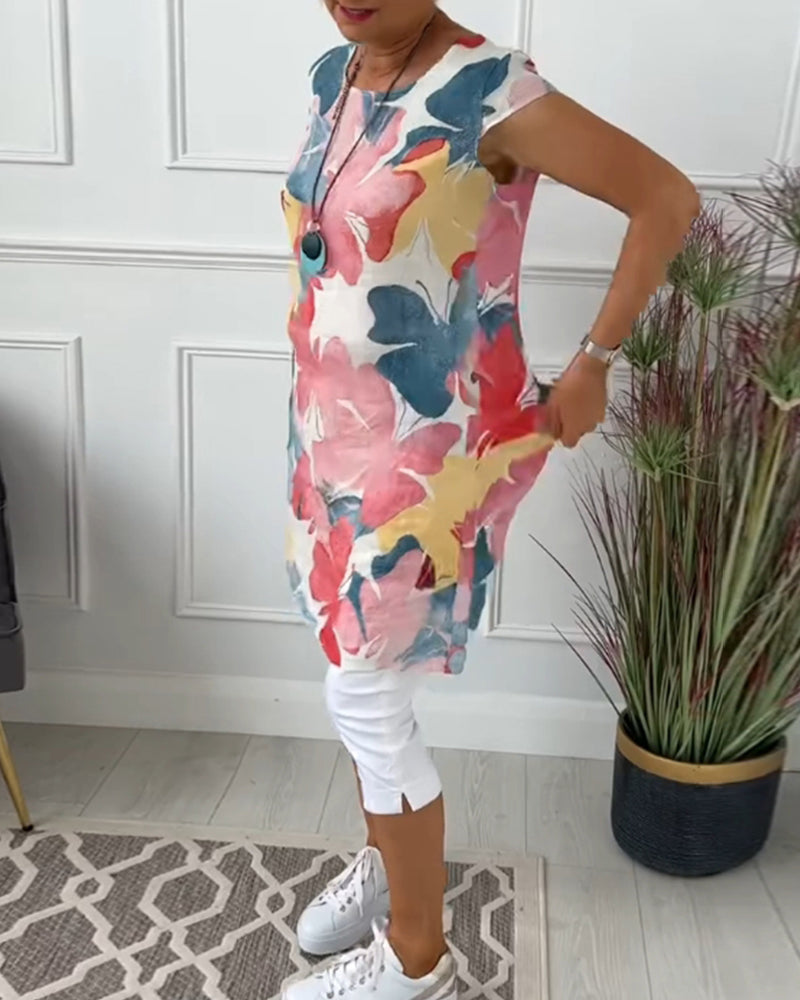 Damen Longtop Blumenprint Farbig Baumwolle Relaxed Fit
