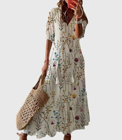 Damen Boho Maxikleid V-Ausschnitt