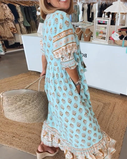 Eveloria Damen Kleid V-Ausschnitt Halbärmlig Bedruckt - Eveloria