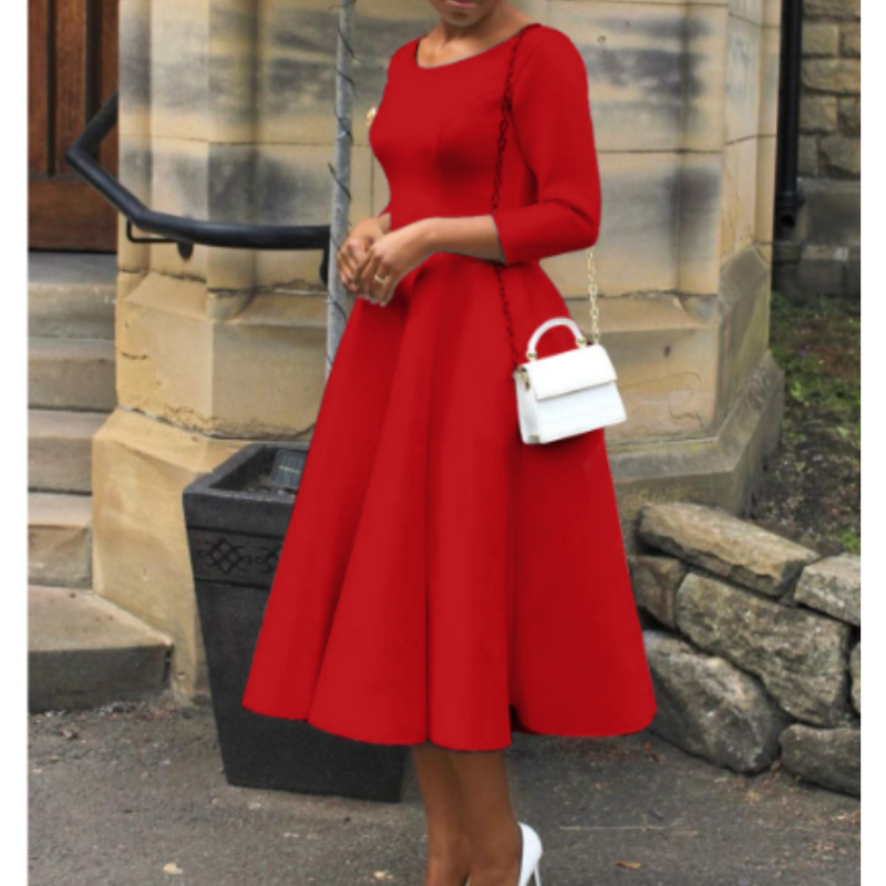 Damen Midi-Kleid Rundhalsausschnitt Schlicht Elegannt