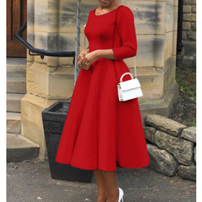Damen Midi-Kleid Rundhalsausschnitt Schlicht Elegannt
