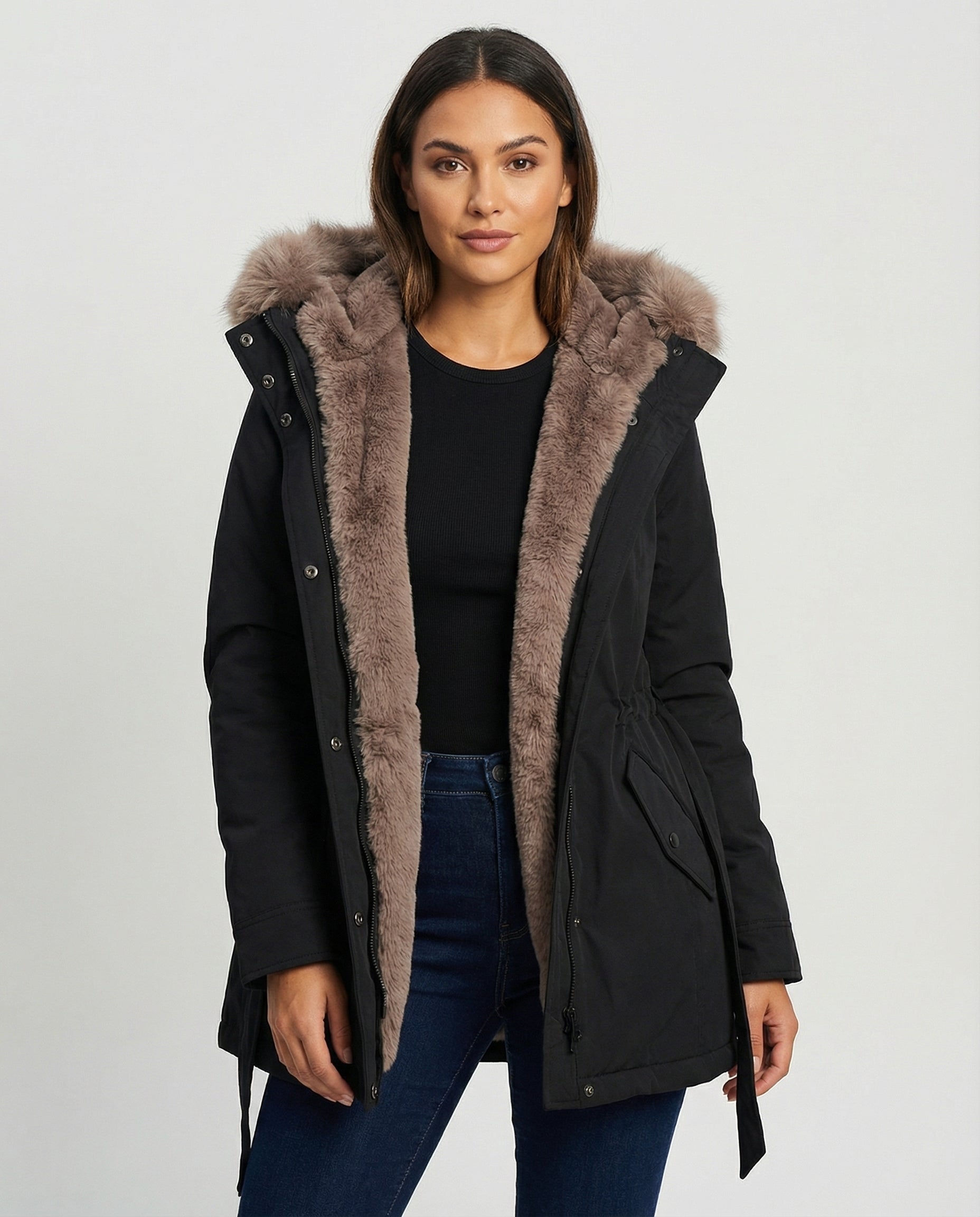 Damen Winterjacke Warm Bont Schwarz - Eveloria