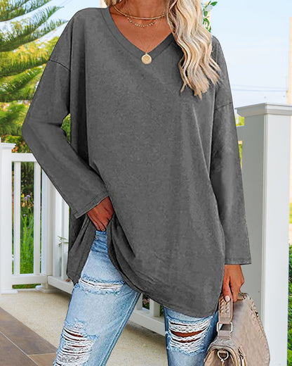 Eveloria Damen Langarm T-Shirt V-Ausschnitt Einfarbig