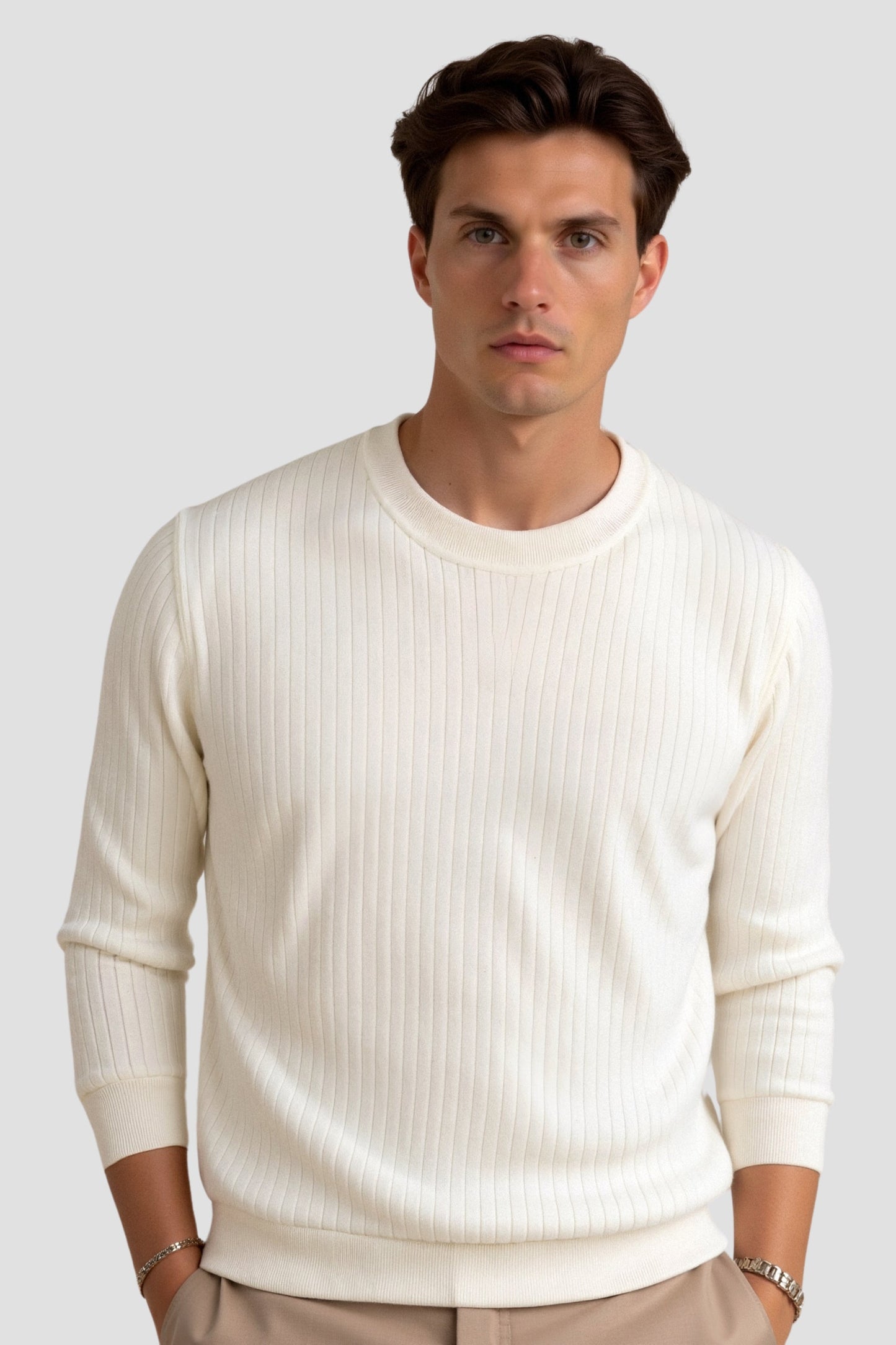 Herren Feinripp Langarmshirt Minimalistisch Weiß
