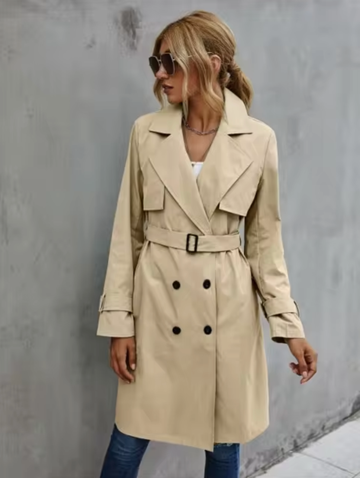 Damen Trenchcoat Doppelreiher Taillengürtel Klassisch Beige