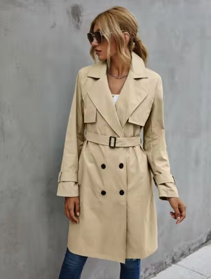 Damen Trenchcoat Doppelreiher Taillengürtel Klassisch Beige