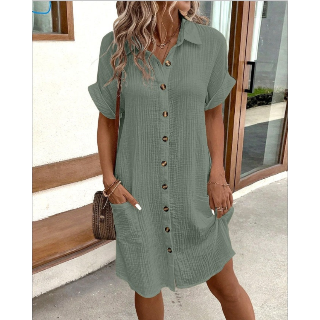 Damen Blusenkleid Mit Knöpfen Taschen Lässig