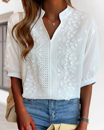 Damen Bluse V-Ausschnitt Puffärmel