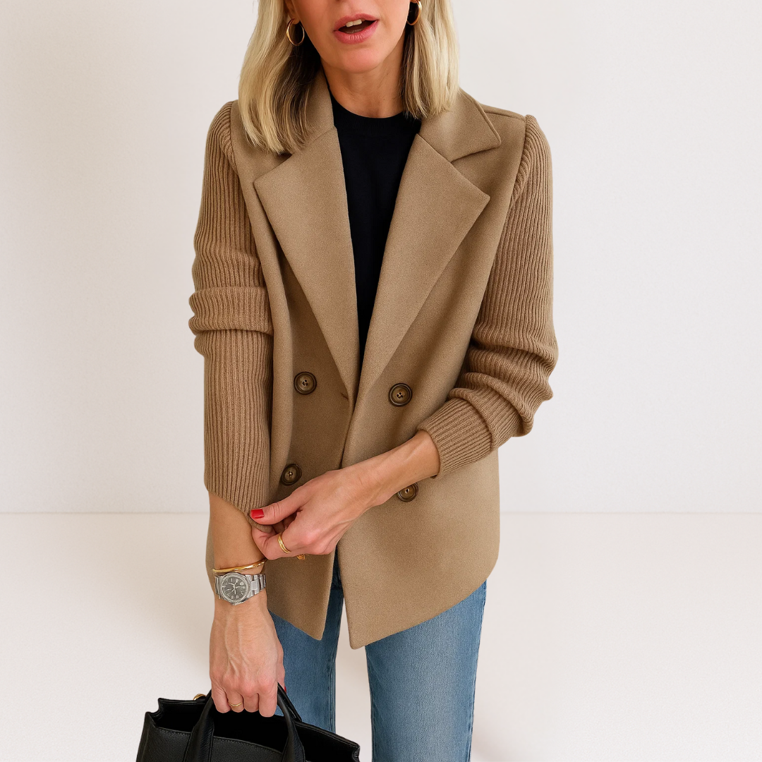 Damen Strickblazer Knopfleiste Elegantes Grau