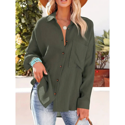 Damen Bluse Unifarbe Knopfleiste Hemdkragen Elegante Langarmbluse