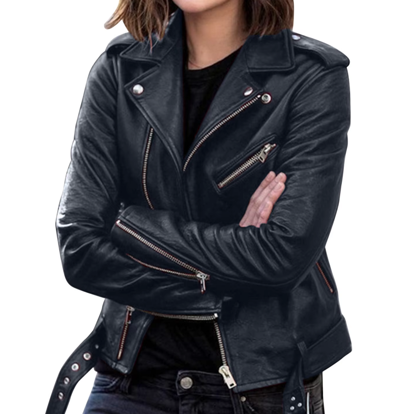 Eveloria Damen Bikerjacke Leder Gürtel
