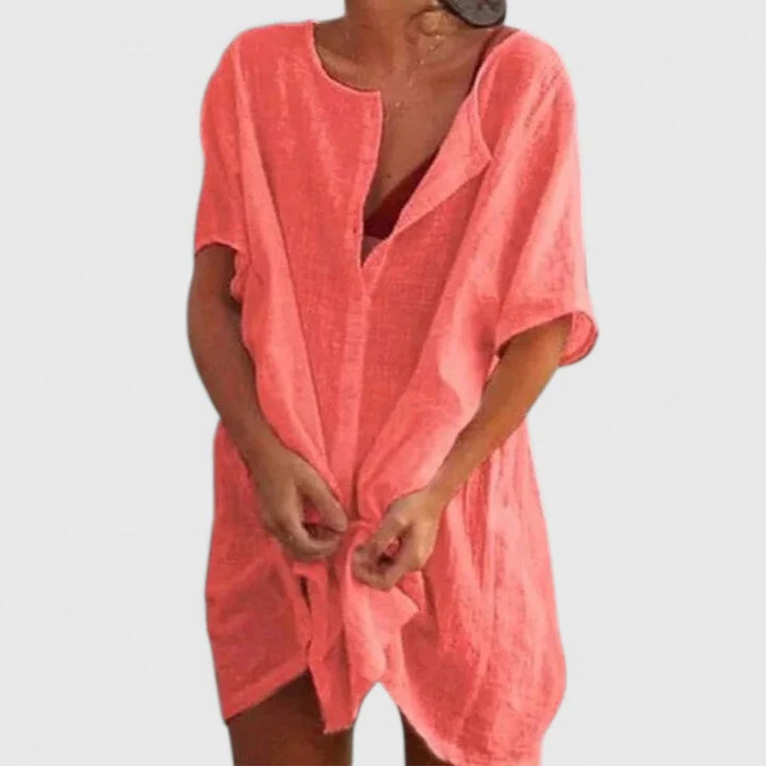 Damen Strandkleid Leichtes Überwurfkleid mit Knopfleiste Beige