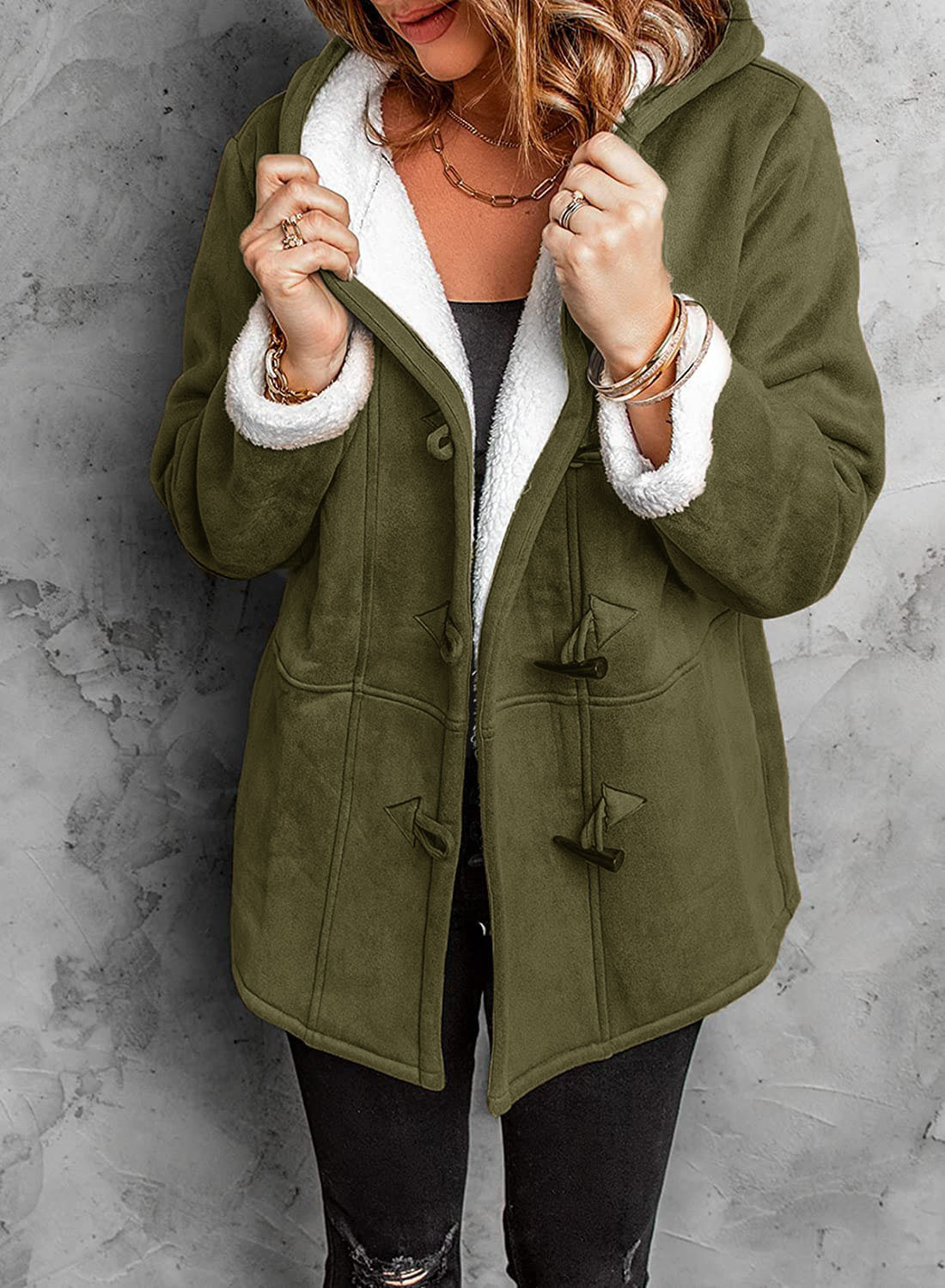 Régine Damen Wintermantel Kapuze Fleece Wildlederoptik