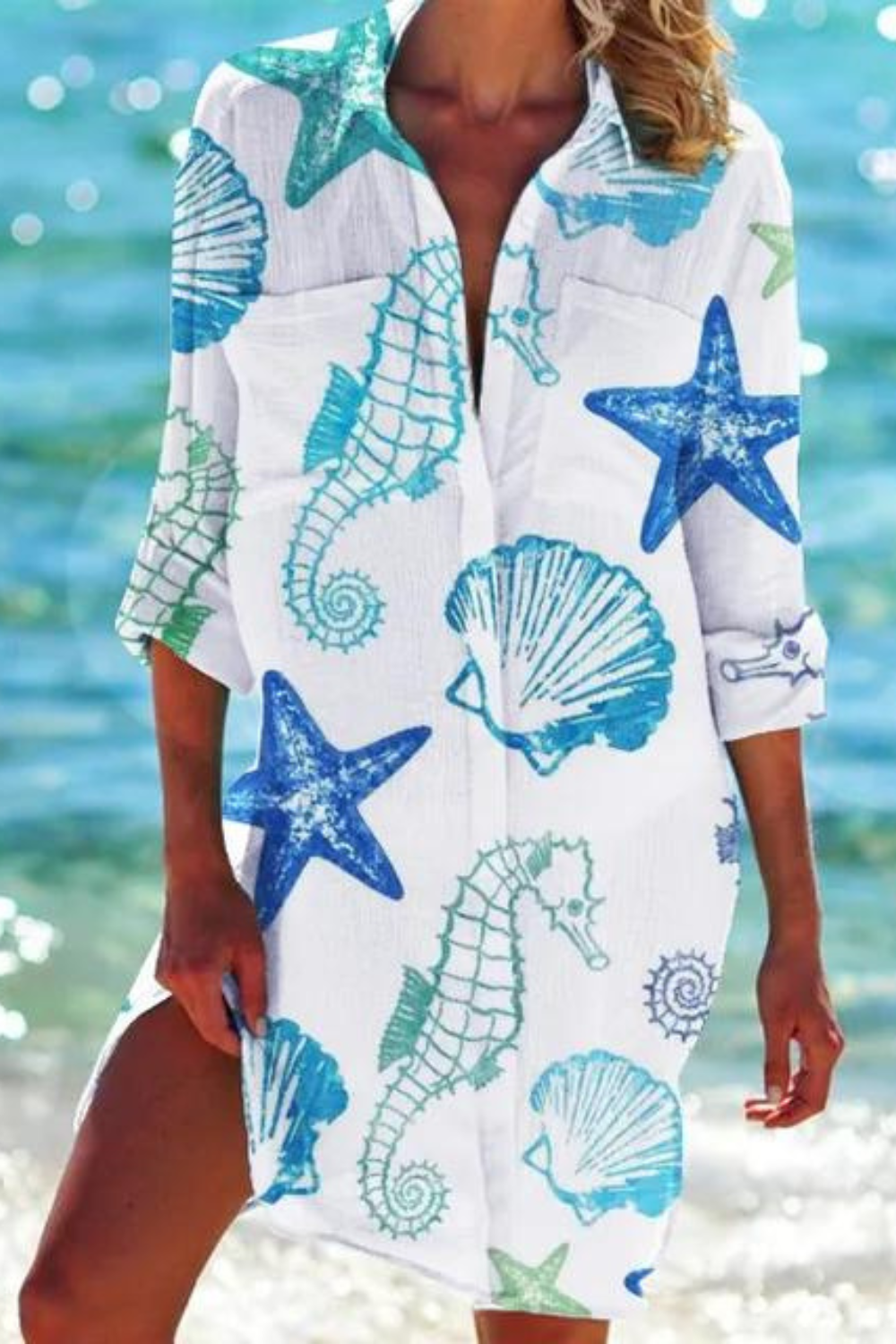 Eveloria Damen Strandbluse Meeresmotiv Lang
