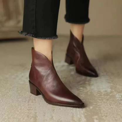 Damen Stiefeletten Blockabsatz Schwarz Leder - Eveloria
