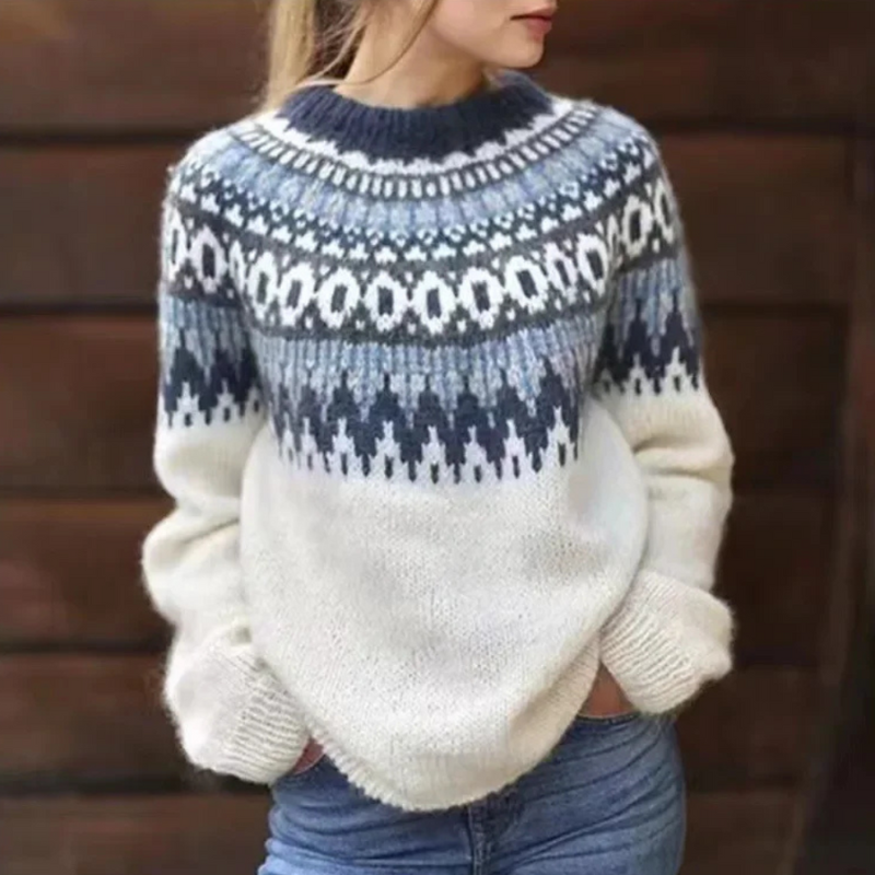 Aubryna Damen Grobstrickpullover Norwegermuster Tribal Look