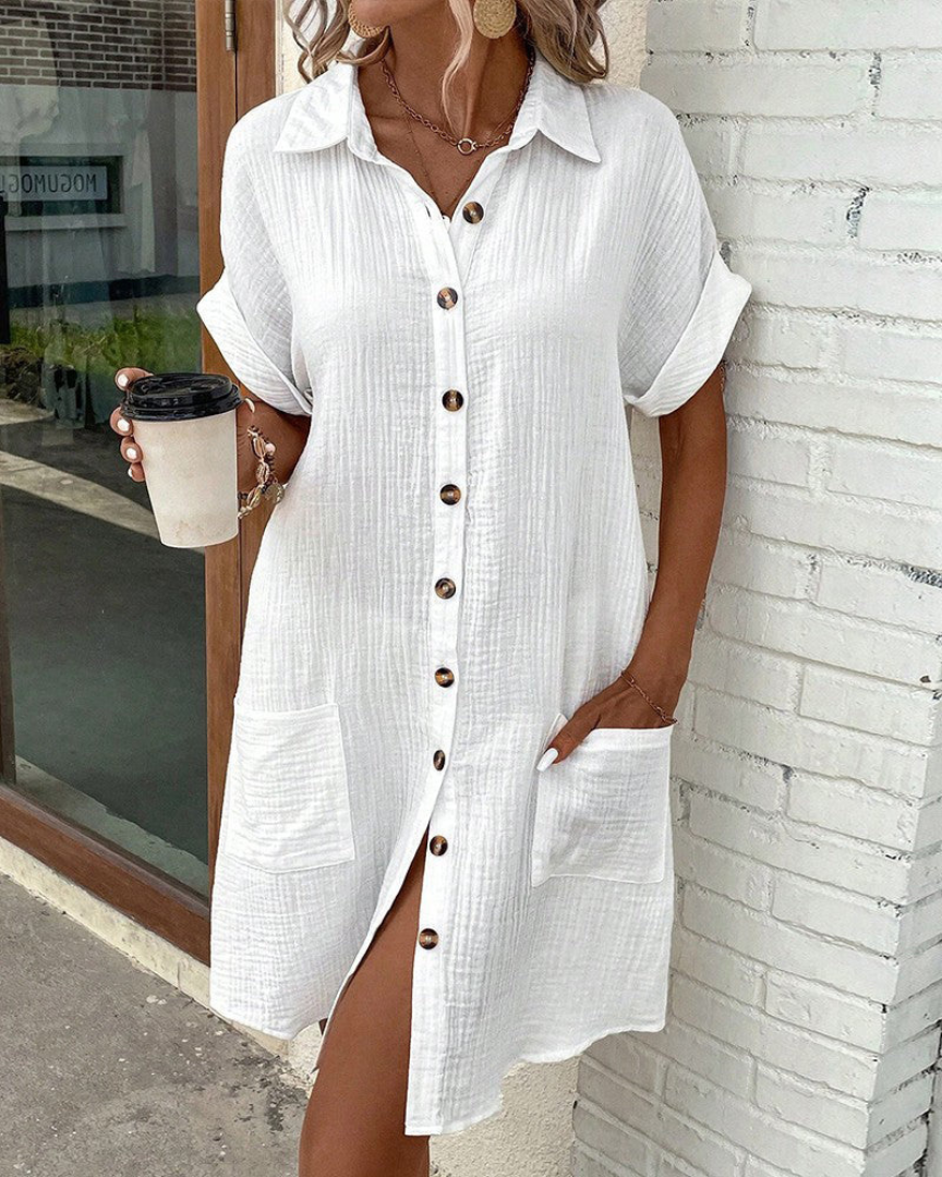 Damen Hemdkleid Kurzarm Einfarbig mit Knöpfen