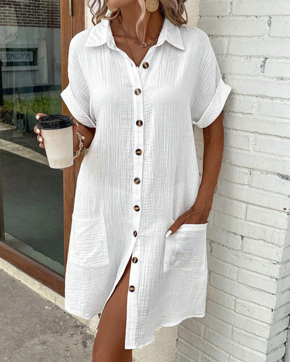 Damen Hemdkleid Kurzarm Einfarbig mit Knöpfen