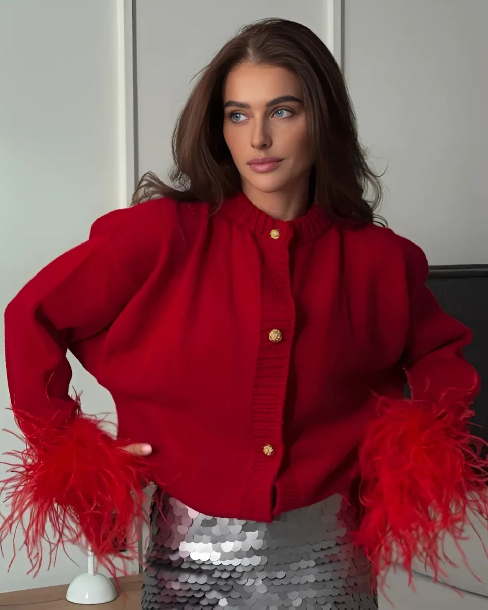 Damen Strickjacke Knöpfe Federärmel