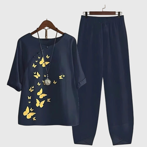 Damen Zweiteiliges Set Schmetterlings-Design Lockeres Oberteil und - Eveloria