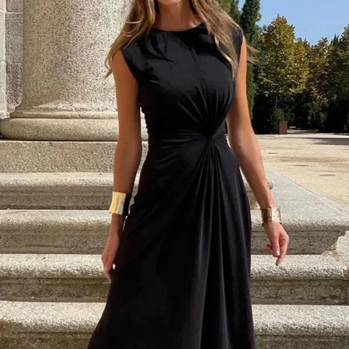 Damen Elegantes Maxikleid Langarm V-Ausschnitt Solide Farbe Schwarz - Eveloria