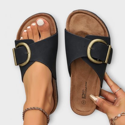 Eveloria Damen Slide Sandalen Schnalle Leder Schwarz - Eveloria