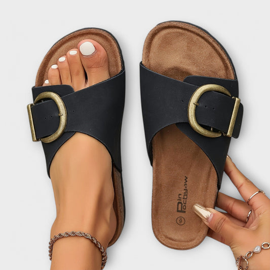 Eveloria Damen Slide Sandalen Schnalle Leder Schwarz - Eveloria