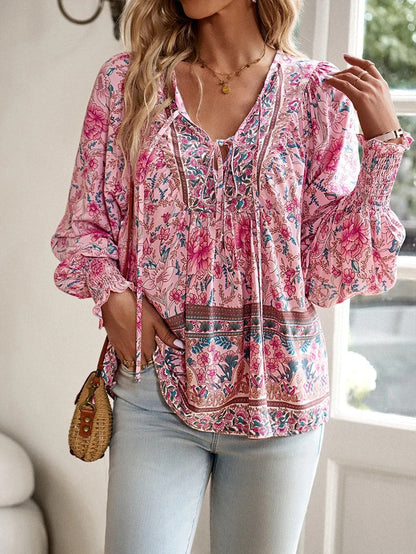 Damen Boho Bluse Blumenmuster Langärmlig Bindekragen - Eveloria