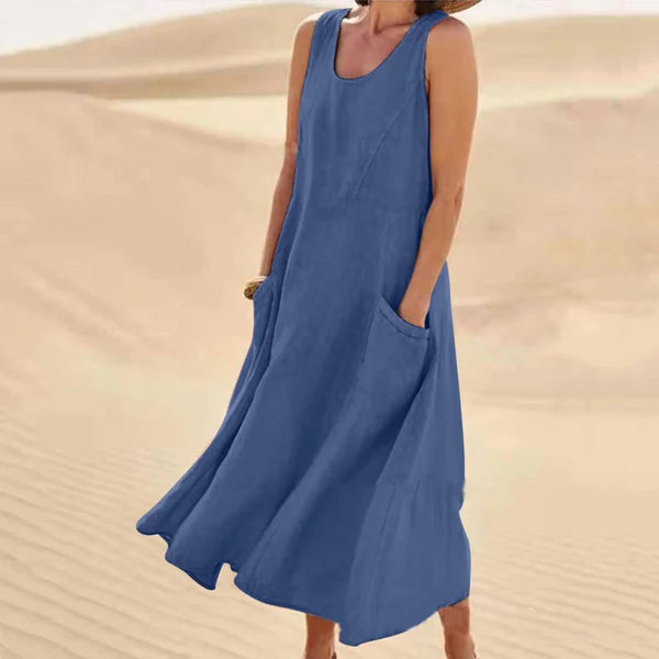 Damen Maxikleid Leinen Ärmellos Luftig Beige