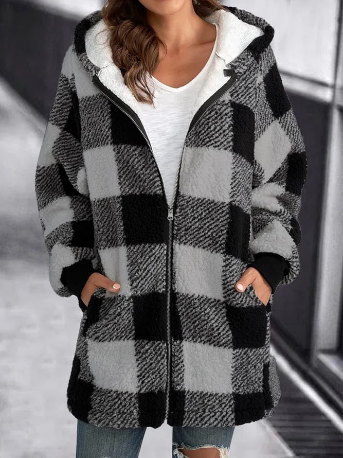 Eveloria Damen Fleece Kapuzenjacke Kariert Weich